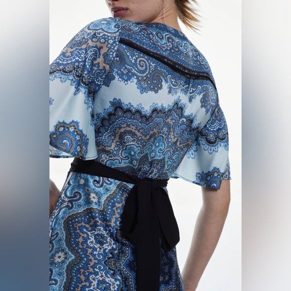 Karen Millen Scarf Printed Hammered Satin Woven Wrap Midi Dress - Size S - Picture 3 of 4
